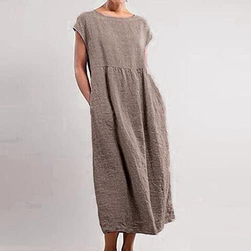 Dame jednobojne pamučne lanene Ležerne haljine labava posteljina Maxi haljina za žene ljetne haljine džepovi udobne haljine na plaži 2023
