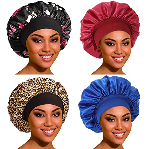 Saten Bonnet Silk Bonnet Bornet za spavanje - 4 Pakovanje Bonneti za crne žene sa širokim elastičnim opsegom za kovrčavu kosu