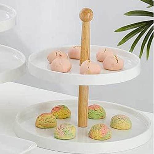 NIZAME 2-slojni Porculanski stalak za torte držač deserta poslužavnik za pecivo sa drvenom ručkom za nošenje za rođendan vjenčanja