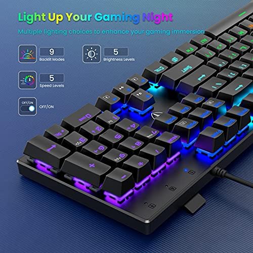 Mehanički igrački tastatura puna veličina, yochic LED duginsku pozadinu Ultra-Slim Wired s plavim prekidačima104