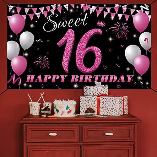 Sweet 16 rođendan dekoracije Backdrop Banner, Sweet šesnaest dekoracije za djevojčice, 16. rođendan
