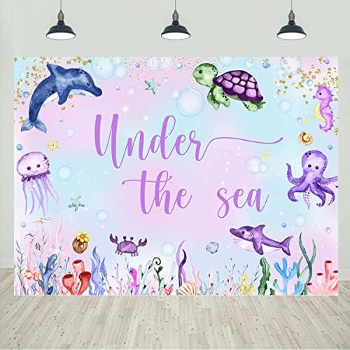 Pod morem Rođendanska pozadina za djevojčice akvarel Mermaid Dolphin Turtle Octopus ukrasi za rođendansku zabavu djeca Ocean Birthday Party Cake Table Banner Supplies 7x5ft