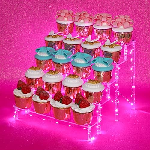 Diwnelem 5 razinski rizeri Akrilni prikaz štandovi akrilni ekran Desert Desert Cupcake stalak za prikaz polica za protuprolobove zbirke i kozmetiku s ružičastom LED svjetlom