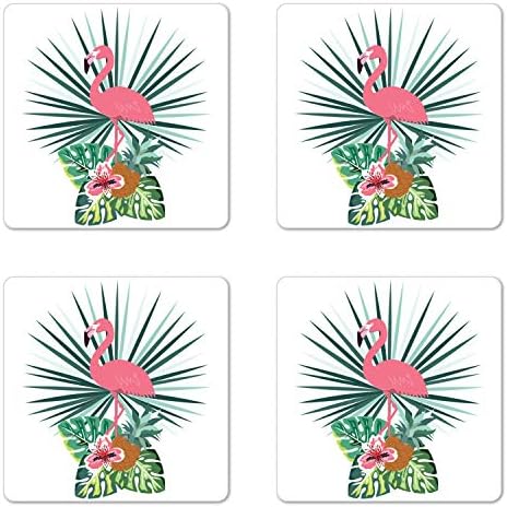 AMESONNE Egzotično coaster set od 4, tropski sastav sa plamenskom ananasom monstera i amaryllis cvijeće, kvadratni hardboard sjajni podmetači, standardne veličine, višebojne