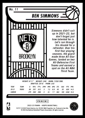 2022-23 PANINI NBA HOOPS 11 Ben Simmons NM-MT Brooklyn mreža Košarkaška trgovačka kartica NBA