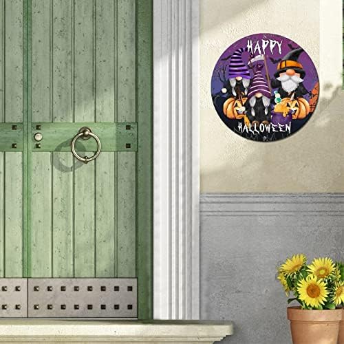 Okrugli metalni znak Happy Halloween Gnomes Ghosts Halloween vijenac Potpisuje metalnu umjetnost Prints Funny Home Vrata Natpis za kućnu zatvorsku zidnu viseću ukrasu za Halloween Dekoracija za Halloween