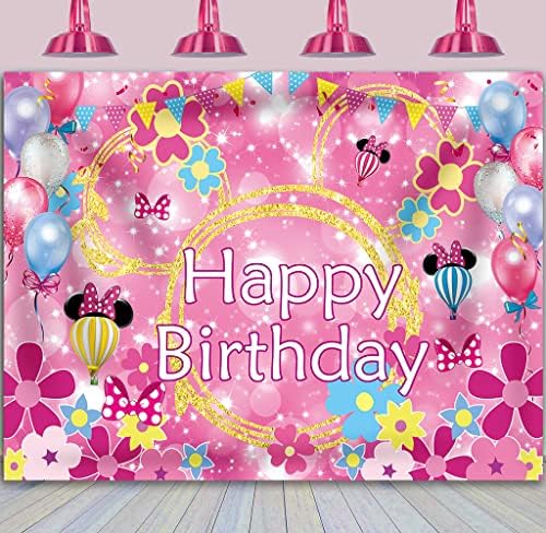 BINQOO 5x3ft Pink Mouse Happy Birthday Backdrop Glitter Gold Pink Mouse balloon Flower princeza Birthday