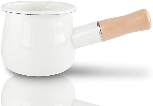 Jaquiain emajlirano mlijeko, Mini grijač 10 cm emajlirani lonac sa drvenom ručkom, savršena veličina za zagrijavanje