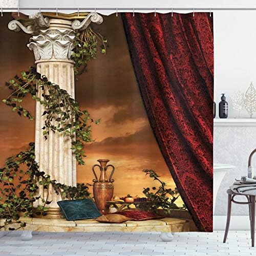 Ambesonne Gothic zavjesa za tuširanje, grčki stil ploča od jastuka od jastuka i crvena zavjesa zalazak sunca, tkanina od tkanine kupatilo set sa kukama, 69 Š x 84 L, burgundy ecru šuma zelena
