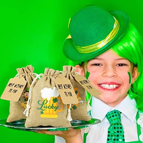 St Patricks dan poslastica torbe, stranka korist torbe Burlap poklon torbe sa vezicama Tagovi užad različitih dizajna rustikalni mali Burlap torbe za Irsku stranku