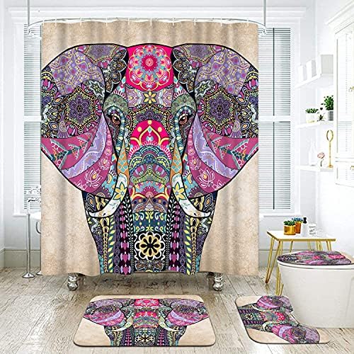 Duobaorom 4 komada set za zidar za zidar vintage plemenski slon sa mandalom cvijećem umjetnosti na neklizajućim prostircima toalet poklopac poklopca za kadu i zavjesa za kupaonicu sa 12 kuka 72x72inch