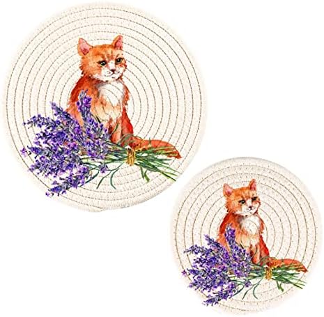 Alaza Slatka mačka sa lavandom Cvijeće Bouquet Holders Thivets Set 2 kom, Pojedinači za kuhinje, pamučne podmetače Trivets za vruće posuđe / Hot saksije i gaćice
