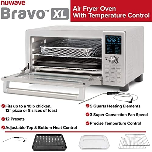 Nuwave Bravo XL Air Fryer Toster pećnica, 12-u-1 konvekcijski konvekcijski kapacitet, 30-QT kapacitet, integrirana temperatura, 50 ° -500 ° F Kontrole temperature, četkani izgled od nehrđajućeg čelika