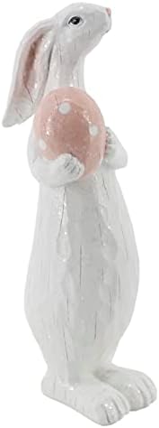 Kolekcija vjetrovitog brda Polyresin White Glitter Izrezvan izrezvan izgled Uskrs zec zec holding polka tat ružičasta jaja figurica ukras proljeća Décor 437417