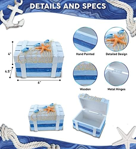 Cota Global Light Blue Stripes Drvena kutija za nakit - ručno izrađena nautička sitnica sa zvjezdanim i ribolovnim neto uređenjima, accent tablice Dekor nakit organizator za pohranu - 6 inča