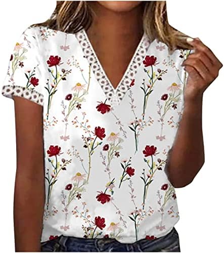 Žene Ljetne vrhove V izrez čipke Trim bluza Košulje Cvjetni print kratkih rukava Majica Labavi modni casual majice
