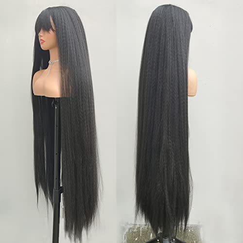 HeneiKecci 48 inča Super duga velika perika za kosu Crna Kinky ravna perika sa šiškama Yaki perika za kosu za crne žene sintetičke perike 120cm duge Cosplay perike