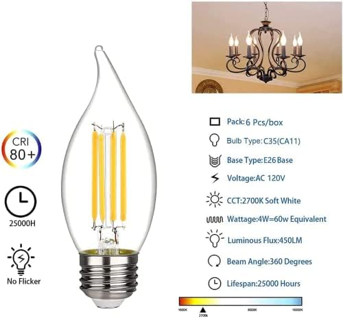 KGC LED kandelabra sijalica, 2700k toplo Bijela, 450lm, Edisonova sijalica sa LED zatamnjivanjem, 4,5 W ekvivalentno
