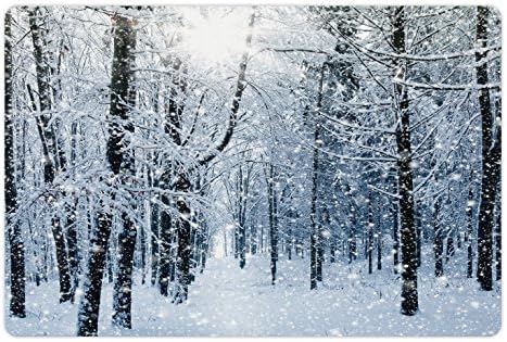 Ambesonne zimska prostirka za kućne ljubimce za hranu i vodu, šuma prekrivena snijegom idilični rani jutarnji krajolik sezonski Božić priroda, pravougaona neklizajuća gumena prostirka za pse i mačke, Crna Bijela škriljevca plava