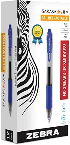 Zebra olovka Sarasa suha X20 Gel olovka za uvlačenje, srednja tačka, 0,7 mm, plavo mastilo,