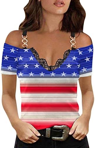 Vneck Top Tshirt za dame jesen ljeto kratki rukav hladno rame čipkasti pamuk američka zastava grafički