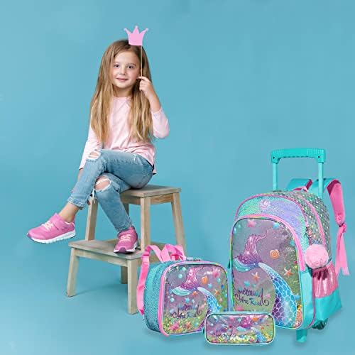 Egchescebo kids Rolling Kid Travel Toddler torba Mermaid ruksak za djevojčice nošenje prtljaga Roller računarski kofer sa Pernicom kutija za ručak točkovi točkovi čisti ruksaci na točkovima plišano plava