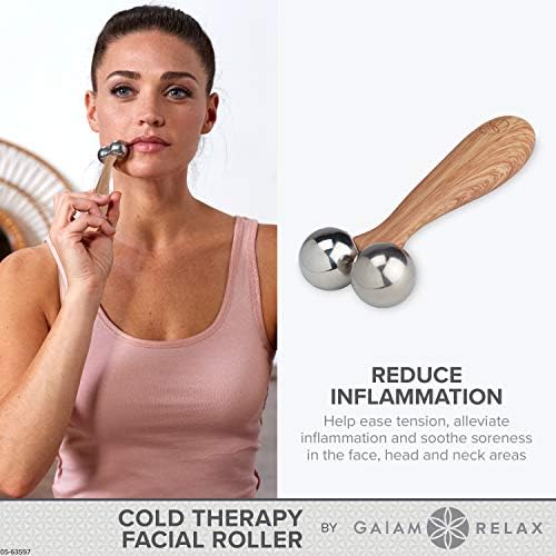 Gaiam Relax face Massager Roller / cold Therapy facial Roller | ergonomska drvena ručka sa nehrđajućim čelikom easy-Glide masažne kugle smanjuju upalu & natečenost, višebojna