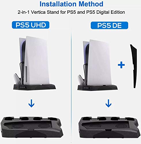 Albtec vertikalno stajalište za hlađenje Kompatibilno sa PS5 konzolom i reprodukcijom 5 digitalnih izdanja / ultra HD dual kontroler punjač sa LED indikatorima plus 3 USB čvorište i 14 utora za igre