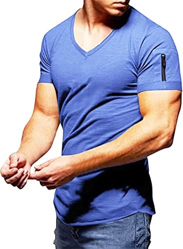 Muški kratki rukav mišićni majice moda V-izrez elastična čvrsta boja ugrađena bodybuilding tee vrh