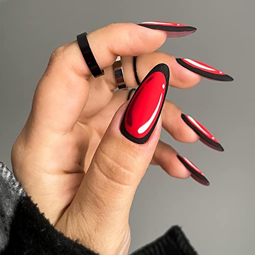 Pritisnite na noktima srednji, badem francuski vrh lažni nokti crveni sjajni akrilni nokti puni poklopac štap na noktima Grafiti lažni nokti strip stil 2D umjetni nokti modni ukrasi za nokte za žene i djevojke
