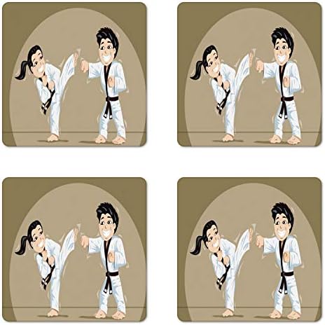 Ambesonne karate coaster set od 4, izvedi sportski crtani karate borilačke veštine, kvadratni cvrkutni sjaj,