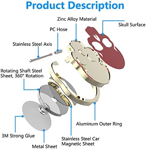 VOVIGGOL Lobanja Držač prstena za mobilni telefon za magnetni nosač za automobil, metalni držač prstena za telefon