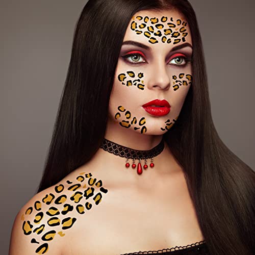 Padoun Leopard Gold privremene tetovaže leopardove naljepnice za lice, naljepnice za gepard od 5 listova za lažne tetovaže lica, Leopardova šminka za tijelo za Noć vještica