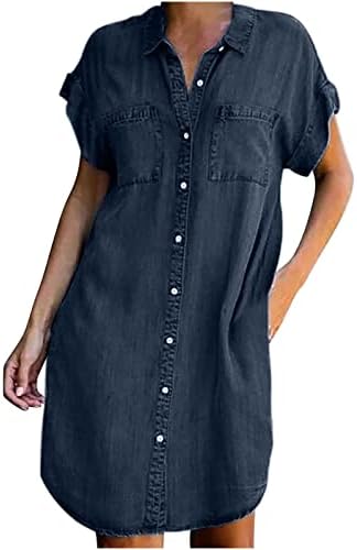 NaRHbrg ljetne traper haljine za ženske kratke rukave labave Jean Midi haljine dugme dolje Casual shift Dress