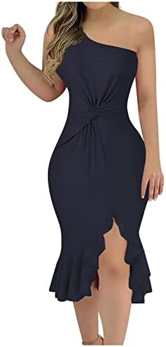 Ekousn ženska seksi ljeta jedno rame s kratkim rukavima od pune boje kože ruff haljina 070505