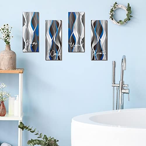 Qunclay set od 4 plave i crne prugasto-zidne umjetnosti sivo i bijelo opuštanje natop od omot disati zidnu umjetnost seoska kuća rustikalno drvo kupatilo zidni dekor viseći moderni drveni tiskani znak, 11 x 4 inčni