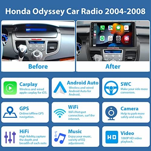 Android 11 auto Stereo Radio sa bežičnim Carplay Android Auto za auto Stereo Honda Odyssey 2004 2005 2006 2007 2008, 10.1 inčni ekran osetljiv na dodir Glavna jedinica Bluetooth GPS navigacija Hi-Fi, SWC, WiFi, FM / RDS