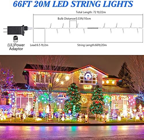 Auney 66ft 200 LED žičana svjetla Vanjska/unutrašnja, višebojna Božićna svjetla 24V Izlazna svjetlucava svjetla sa 8 načina osvjetljenja, IP44 vodootporna prozirna žičana svjetla za dekoracije za zabave u sobi na drvetu