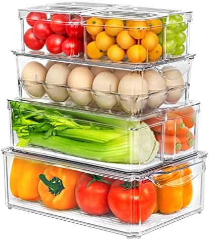 Organizator frižidera sa 8 pakovanja sa držačem za jaja, kante za organizatore frižidera koje se mogu slagati sa poklopcima, kontejneri za skladištenje voća za frižider, organizatori frižidera bez BPA i skladište za voće, povrće, hranu