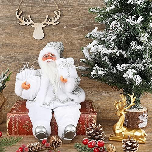 Anydesign božićni sjedeti Santa ručni shvaćeni bijeli srebrni kaput Santa Claus figurice lutka s poklon torbom i predstavlja božićnu ukrasu za kućni ormalni poklon za kućne ormare za zabavu