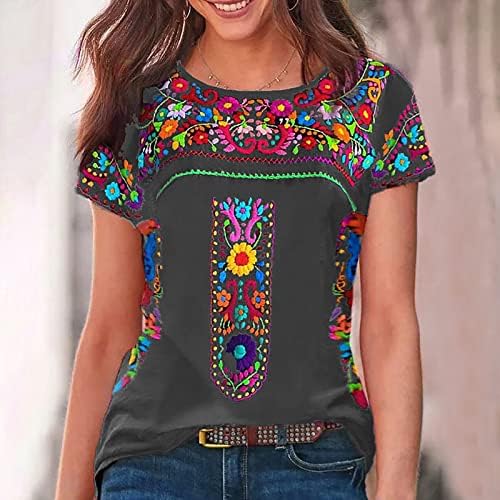 Meksičke kratke rukave za žene Vintage Cvjetni Print labavi ljetni vrhovi Boho majice Zapadnog etničkog stila