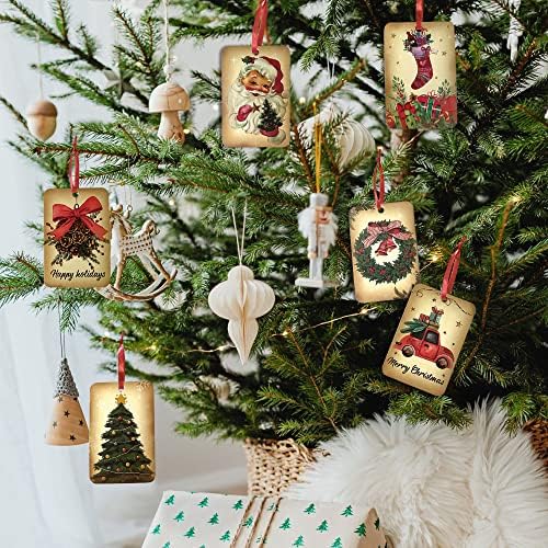 60 Vintage Božić Poklon oznake, Božić Poklon oznake sa nizom, Božić viseći oznake sa Santa Claus, savršen za Božić poklon pakovanje Holiday home dekor
