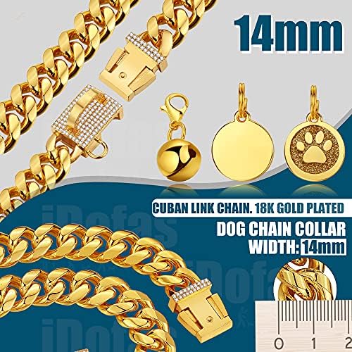 Idofas zlatni lančani ovratnik 14mm Kubanski link ovratnik za pse sa bling CZ Diamonds Buckle 18K pozlaćeni metalni lančani lanac za pse za pse za štene Mali srednje velike pse uključuju pseće oznake i zvono.