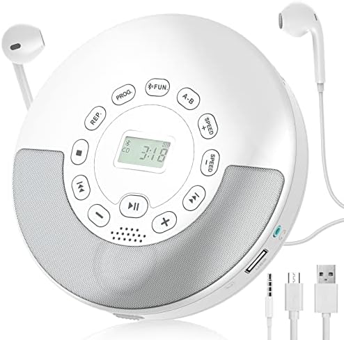 Prijenosni CD uređaj sa zvučnicima-Bluetooth CD Player prijenosni, punjivi CD muzički uređaj protiv preskakanja Walkman za automobil / putovanje sa slušalicama i AUX kablom,Kućni Audio Stereo zvučnik,baterija od 2000mah