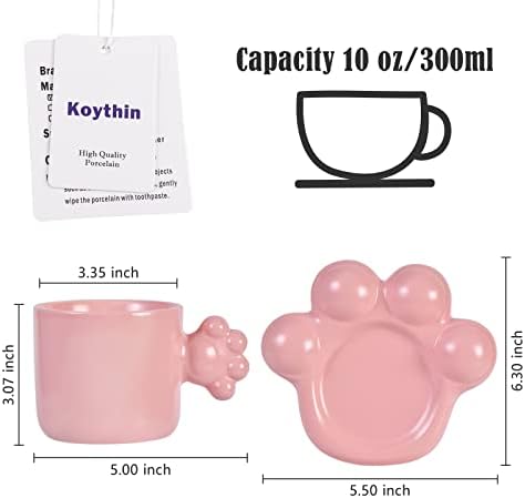 Koythin keramička šolja za kavu, kreativna slatka mačja kandža oblika ručka sa tanjurom za urednu i kuću, perilicu posuđa i mikrovalne pećnice, 10 oz / 300 ml za latte mlijeko