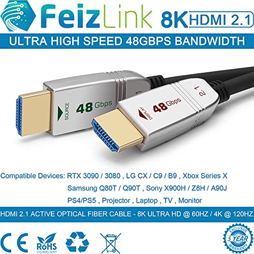 Feizlink 8k HDMI 2.1 vlakna optički kabel 40 stopa 4k 120Hz 8K 60Hz 48Gbps Dynamic HDR10 / Earc / HDCP 2.3 za RTX 4080 4090 3080 3090 Xbox serija X PS5 LG C9 Samsung Q90T TCL Sony