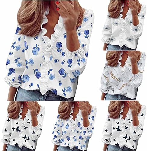 Grafičke majice za žene dugih rukava - Žene Casual Ruffles V Vrhovi izreza Labave majice Bluza Print