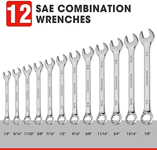 WORKPRO 12-komad Premium kombinacija ključ Set, Metrički 8-19mm & SAE 1/4-7/8, CR-V 12-point ključevi