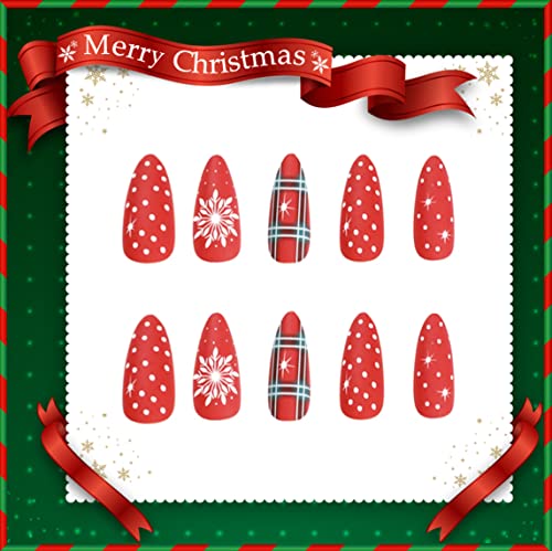 RODAKY 24kom Crvena Božićna presa na noktima zeleno-crveni karirani Stiletto lažni nokti bademovi lažni nokti Savjeti sa dizajnom pahuljica dugi akrilni sjajni štap na noktima full Cover manikura noktiju za žene i djevojčice