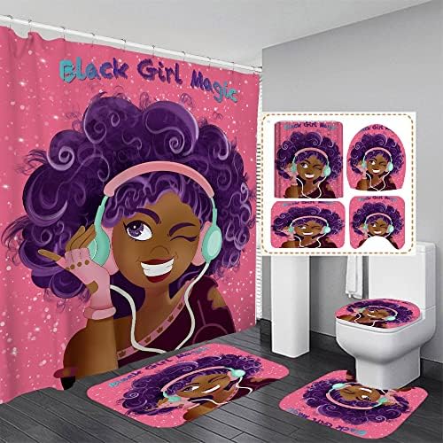 Izayoi 4pcs Crno devojka zavese za tuširanje setovi dečje kupatilo sa tuš kabinom i prostircima, šarene devojke sa balonom slatke zastove sa prostirkama i poklopcem poklopca poklopca